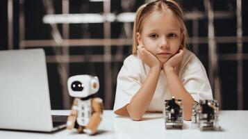 Young girl learning robotics at a modern tech lab, surrounded by robots and electronic components, representing the future of STEM education and digital innovation. photo