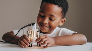 Happy child interacts with a glowing robotic toy, representing early STEM education, robotics exploration, and a passion for future technology and creativity through play. photo