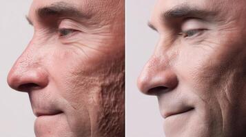 Side-by-side comparison showing before and after artificial skin graft treatment for facial scar and aging repair using regenerative biomedicine technology. photo
