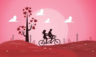 Couple riding on bicycle in the field with hearts vector