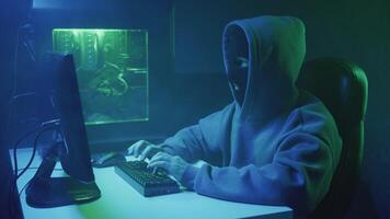 Cybercriminal hacker typing and showing negative gesture to camera video