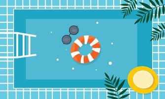Top View of Swimming Pool with Lifebuoy and Palm Leaves vector