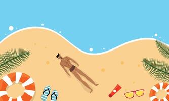 Man lying on the beach with beach accessories vector