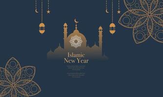 Islamic new year greeting card with mosque and lanterns vector