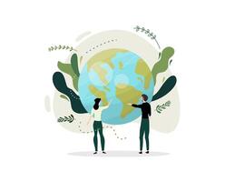 Two People Facing Globe with Nature Around It vector