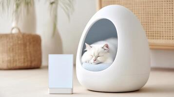 White fluffy cat peacefully resting in a modern smart egg-shaped pet pod with soft interior and minimalist design. Stylish AI furniture for animals, blending comfort and innovation. photo