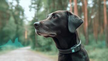 Black dog in forest wearing a modern AI-powered smart collar with health and activity tracking. Futuristic wearable technology for pets and dogs' wellbeing monitoring. photo