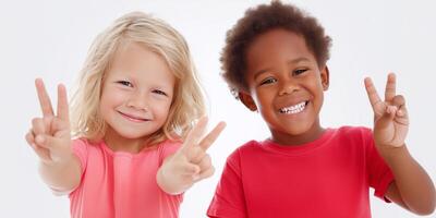 Two smiling children making peace signs, symbolizing unity, joy, and hope for a better future. A powerful message of friendship, diversity, and harmony. photo
