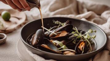 Close-up of cooked mussels served in a black bowl with fresh microgreens, green onions, and hand pouring savory sauce over the dish, presented on a soft rustic fabric. photo
