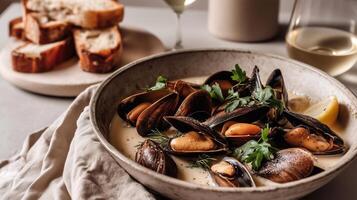 Tasty mussels served in a creamy garlic sauce with fresh herbs and lemon wedge, accompanied by white wine and sliced bread in a cozy, elegant dining setup. photo