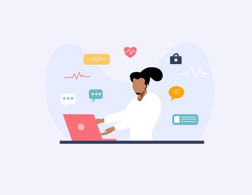 Doctor Typing Surrounded by Info Icons