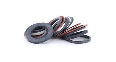 Several assorted O-rings are displayed in front of a white background, ready for use or sale. photo