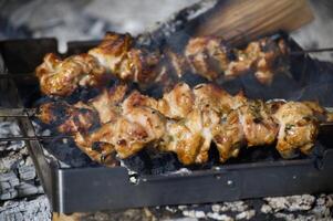 Delicious pork skewers are grilling over an open fire, ready to be enjoyed at a summer barbecue. photo