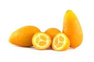 Close-Up of Fresh Kumquats Sliced to Reveal Juicy Inner Flesh photo