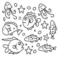 Ocean Life Elements Line Drawing Set vector