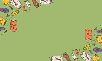 Halloween Doodles and Candy on a Green Background Frame vector