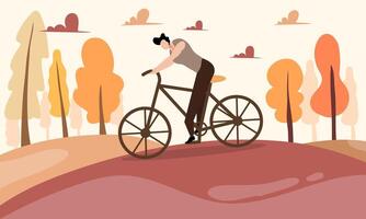 Cycling Through Autumn Trees On A Red Path vector