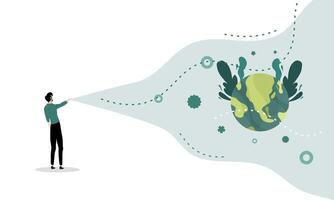 Man Spreading Particles Toward Floating Green Earth vector