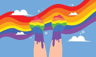 Two hands holding rainbow paint dripping with clouds vector