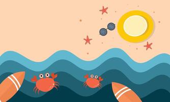Crab and starfish in the sea with a sun and a boat vector
