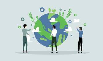 People standing around a globe with plants and trees vector