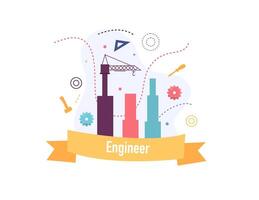 Engineer Banner with Skyscrapers and Cranes Behind vector