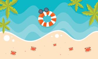 An illustration of a beach with a life preserver and crabs vector