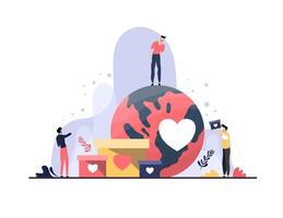 People Around Heart Globe Helping with Donations vector