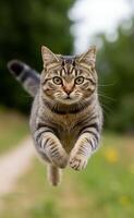 A tabby cat with a striped coat is in mid-air leaping forward. Its paws are extended, and eyes focused ahead. photo