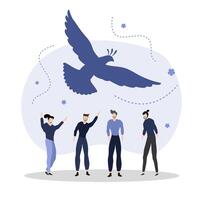 People are standing around a bird with a dove in the air vector