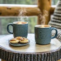 A rustic wooden coffee table displays two steaming mugs of tea accompanied by small pastries on a quaint plate creating a cozy and inviting atmosphere perfect for relaxation. photo