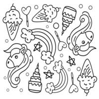 Fantasy Unicorn and Rainbow Icons with Sweets vector