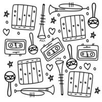 Music Cassette and Instruments in Retro Doodle Style vector