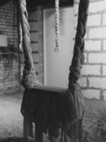 This artwork highlights a rope and wooden structure set within a rustic, serene environment, photo
