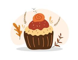 Autumn Cupcake With Cinnamon Stick and Brown Cream Icing vector
