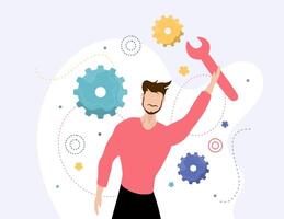 Engineer Repairing Machine with Innovation Gear Tools vector