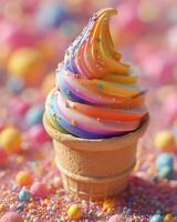 A colorful ice cream cone with sprinkles on top photo
