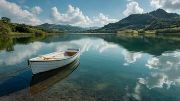 A boat floating on the calm waters of a lake photo