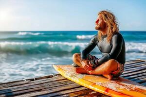 A man sitting on a surfboard in front of the ocean photo