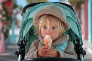 A child in a stroller eating an ice cream cone photo