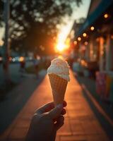 A person holding an ice cream cone in front of a store photo