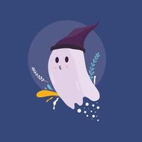 Ghost with Witch Hat Flying on Blue Background vector