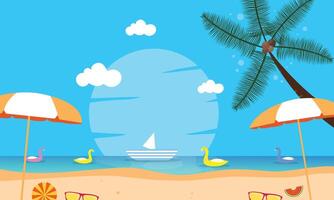 A beach scene with a boat, beach chairs, and umbrellas vector