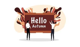 manHolding Hello Autumn Sign With Leaves vector