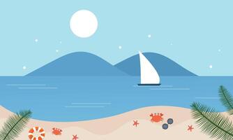 A beach scene with a sailboat and palm trees vector