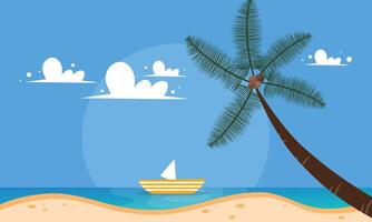 A cartoon beach scene with a sailboat and a palm tree vector