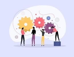 Team Collaborating with Gear Icons and Tools vector
