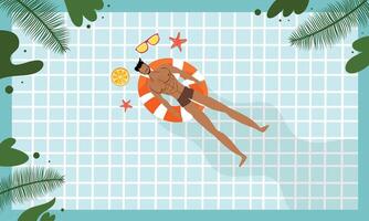 A man in a swimming pool with a life ring vector