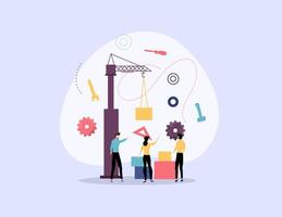 Engineer Teamwork at Site with Construction Crane vector