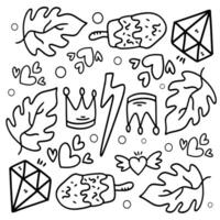 Fantasy Elements Doodle Set with Lightning and Gems vector